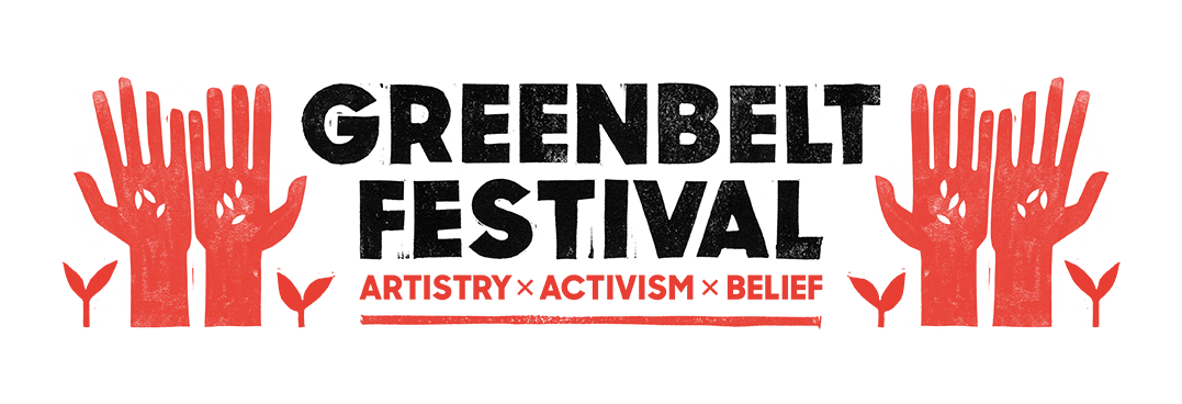 Greenbelt Festival logo in black, with the words Artistry, activism, belief in red. Open hands in red on either sides.